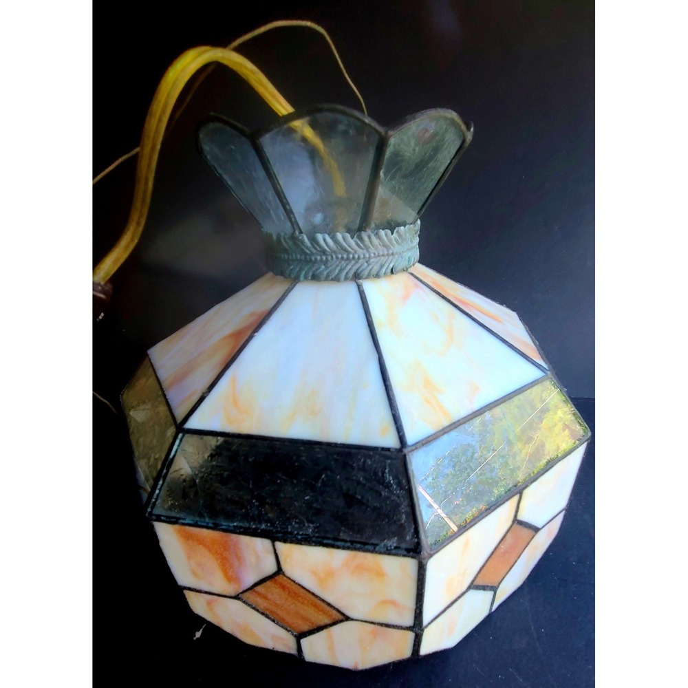 Vintage Slag Glass Hexagon Pendant Light Marbled‎ Cream Caramel Hanging Lamp